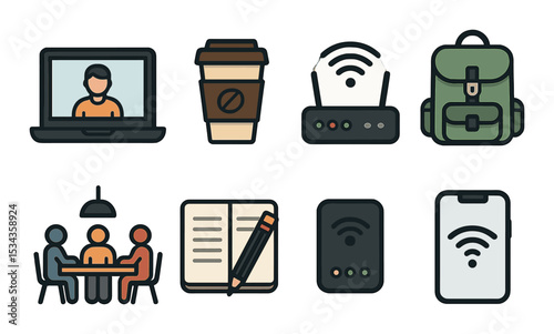 Digital nomad icons set – outline, remote work and freelance lifestyle symbols