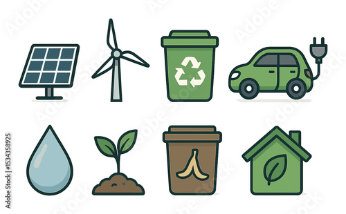 Eco and sustainability icons set – outline, environmental and green energy designs