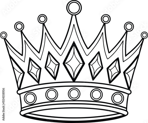 A detailed, black and white line art illustration of a crown.