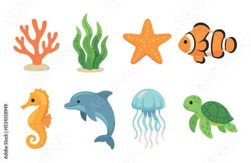 Aquatic life icons set – flat, marine and oceanic creature symbols for design photo