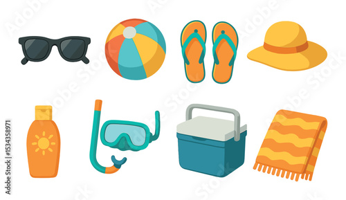 Summer essentials icons set – flat, beach and holiday style symbols for seasonal themes