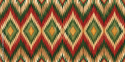 Colorful geometric patterned textile in red, green, and yellow hues.