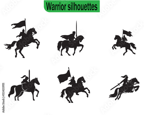 set of black silhouettes of warrior horses