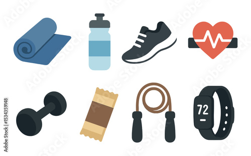 Fitness and health icons set – flat, exercise and workout symbols for wellness