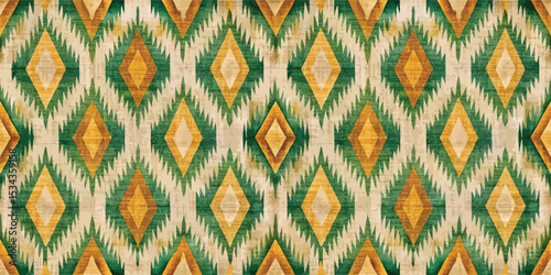Intricate diamond pattern in green and gold tones, showcasing vibrant textile design.