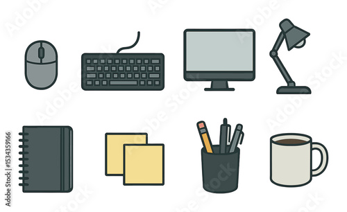 Office desk essentials icons set – outline, workplace tools and organization symbols