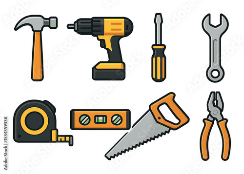 Essential construction tools icons set – flat, simple and handy tool graphics