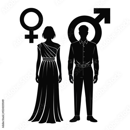 a minimalist composition of male and female gender symbols with matching full-body silhouettes on white background