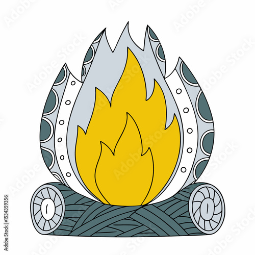 Colorful campfire with logs and flames in doodle style  