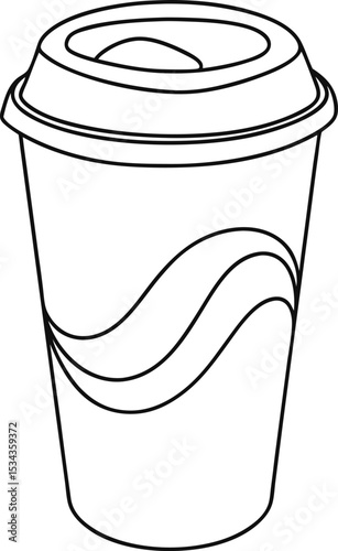 A black and white line drawing of a disposable coffee cup with a lid.
