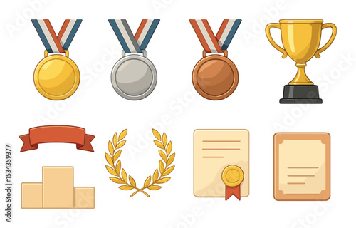 Sports awards icons set – flat, achievement and trophy celebration symbols
