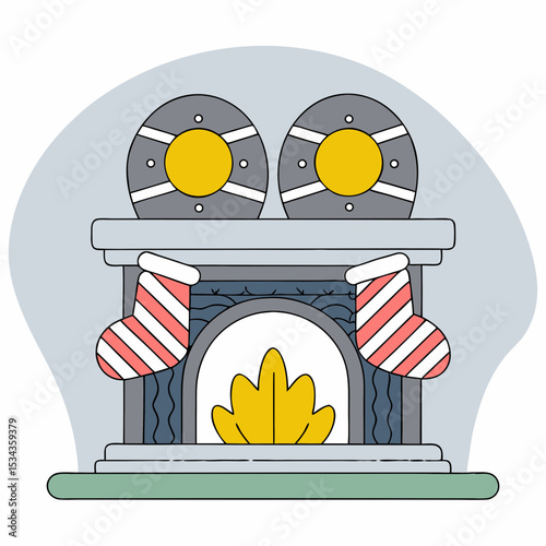 Cozy fireplace with stockings and flame in holiday decor  