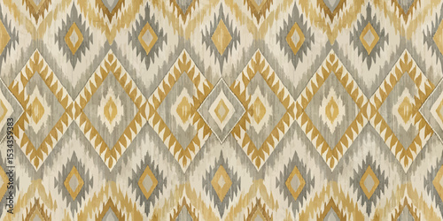 Geometric patterned fabric in warm gold and gray tones.