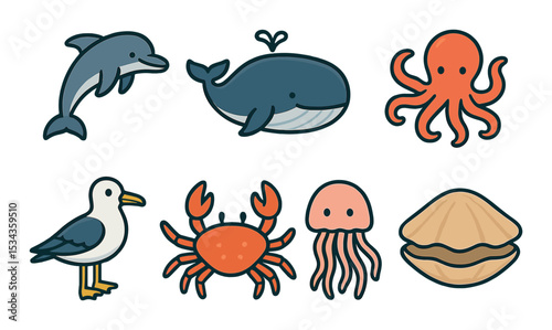 Marine creature icons set – flat, ocean life and aquatic animals symbols
