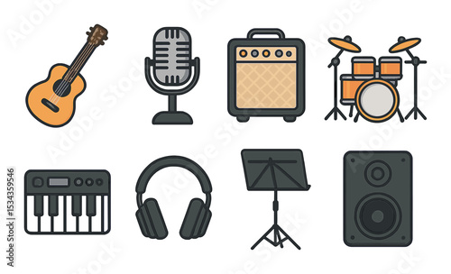 Musical equipment icons set – outline, audio and instrument design elements