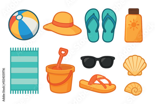 Summer beach icons set – flat, vacation and holiday essentials collection