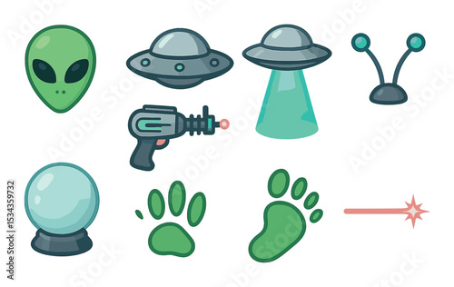 Alien icons set – flat, extraterrestrial and sci-fi symbols for digital projects