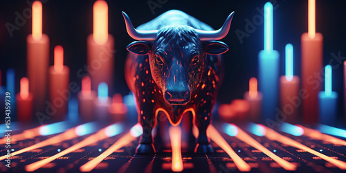 Bull glowing financial chart stock market digital neon investment futuristic�A glowing bull stands confidently among vibrant neon financial charts symbolizing optimism and strength futuristic