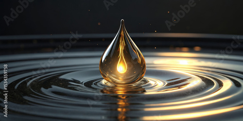 Glowing oil drop abstract 3d render golden liquid ripple effect high tech futuristic reflective surface energy clean elegant dramatic lighting