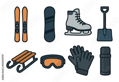 Winter sports icons set – outline, skiing and snowboarding activity symbols