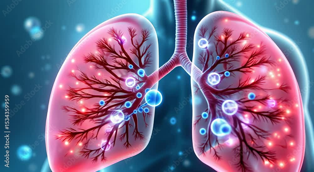 Human lungs anatomy with alveoli and bronchioles featuring oxygen exchange for medical and scientific visualizations