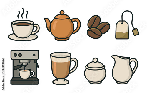 Coffee and tea icons set – outline, beverage, caffeine symbols for digital design