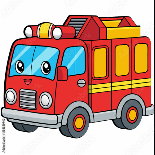 Cartoon funny transport fire engine. Children's picture. Suitable for children's books, educational poster, logo and encyclopedias. Isolated vector illustration on white background.