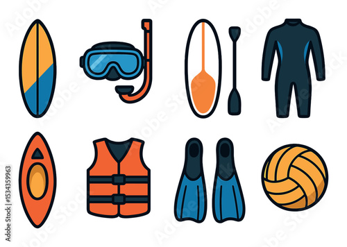 Aquatic sports icons set – outline, water games and marine activities symbols