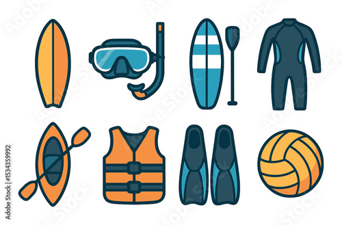 Aquatic sports icons set – flat, water activities and recreation symbols