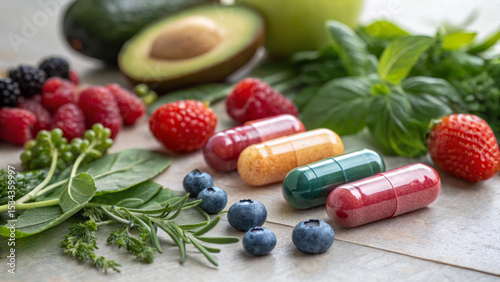 Colorful vitamin capsules surrounded by fresh berries, leafy greens, avocado, and herbs on wooden table, representing healthy nutrition and natural supplements