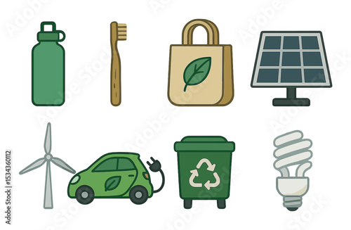Eco friendly product icons set – silhouette, sustainability and green living symbols