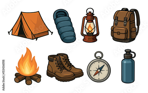 Camping gear icons set – 3d, hiking and outdoor adventure essentials