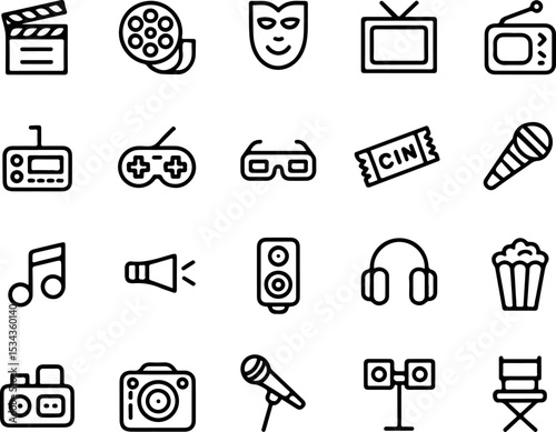 Entertainment Line Icon Set – Minimal 20 Icon Collection for Movies, Music, Games, Theatre, and Fun Activities in Thin Black Stroke Style