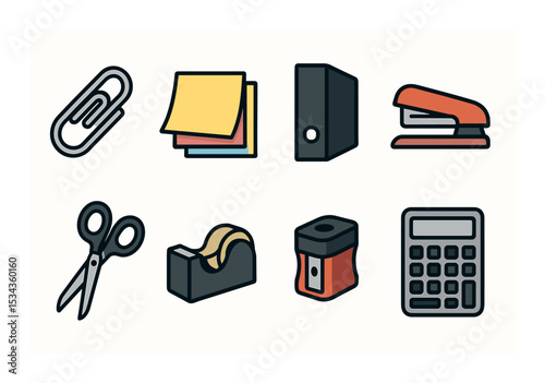 Office supplies icons set – outline, stationery and work essentials symbols