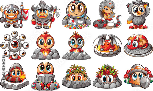 Whimsical Cartoon Character Collection Knights, Dragons, Owls, Snakes, and More Perfect for Games and Design