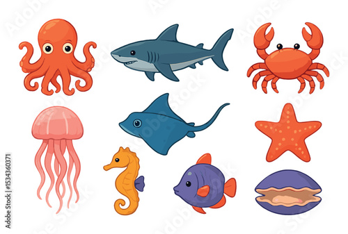 Underwater creatures icons set – flat, marine life and sea animal graphics