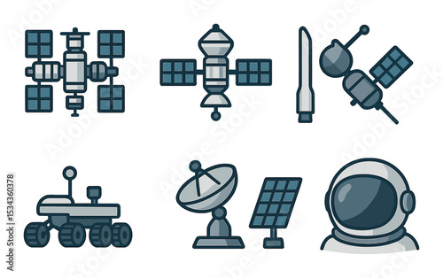 Space technology icons set – outline, astronaut and satellite design symbols