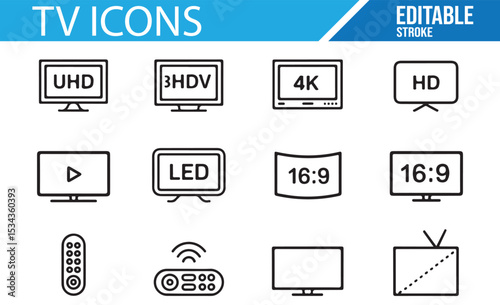 Icons Representing TV Screens, Remote Controls, and Media Resolution
