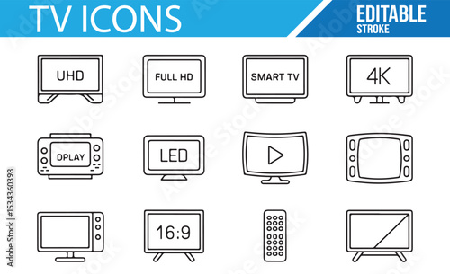 Simple Icons for Television, Smart TV, and 4K Displays in Technology