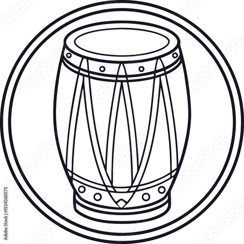 A black and white line art illustration of a drum, likely a tabla or similar percussive instrument from South Asia.