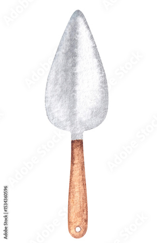 Hand drawn painted watercolor little garden stainless steel metal shovel with wooden texture handle.Design element.