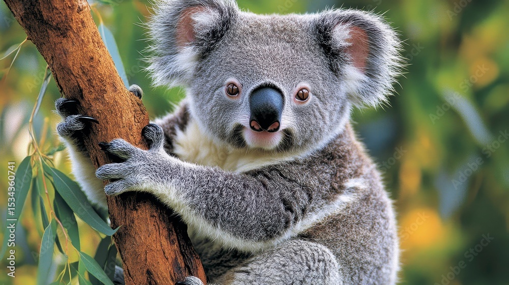Naklejka premium Adorable koala bear clinging to eucalyptus tree branch.
