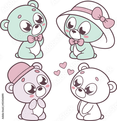 Pastel Panda Bears with Hats and Bows in a Heartfelt Scene - Cute and Whimsical Illustration for Kids' Room Decor and Creative Design Ideas