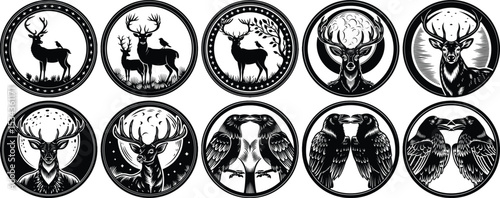 Assortment of Black and White Round Illustrations Deer with Birds, Stag with Moon, and Ravens Design