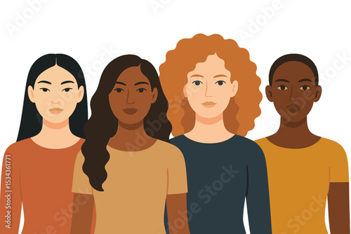 The concept of women, femininity, diversity, independence, and equality is depicted in a vector illustration of multi-ethnic women with varying beauty, hair, and skin tones