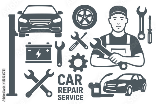 Monochromatic car repair service symbols isolated against a white background