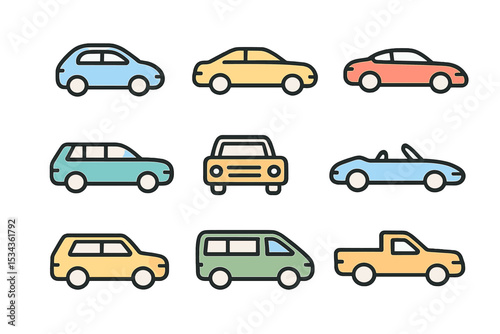 The car icon set, illustrated in linear style, includes transport vector graphics