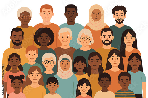 A diverse group of individuals from different racial backgrounds and age groups gathered as a community