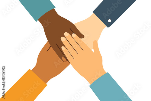 The concept of unity and cooperation is depicted through the image of a diverse group of people joining hands, representing teamwork, partnership, agreement, and social community, in a flat vector