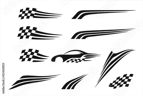 Motorsport-inspired graphics, including racing stripe vector sets, race car vectors, checkered flag designs, and speed-themed stripes, are complemented by decal patterns, dynamic lines, and a